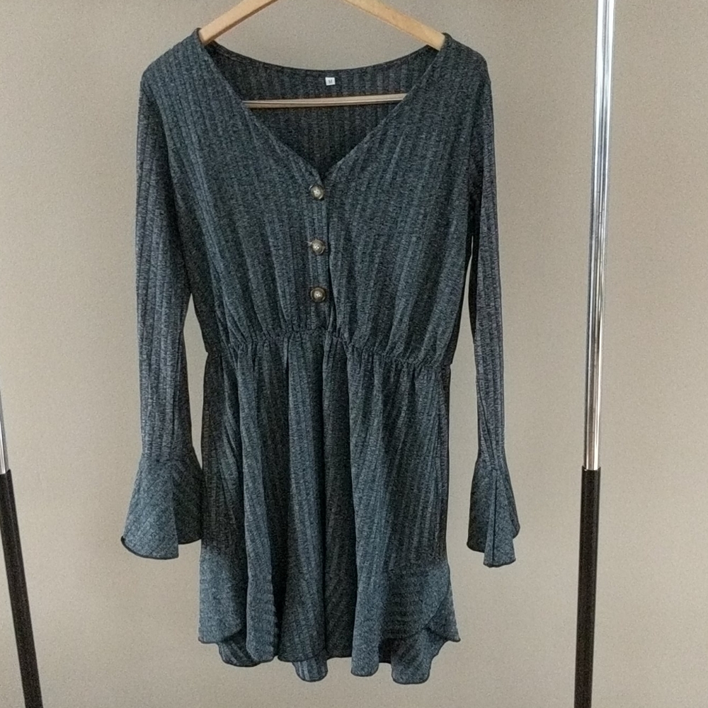 V Neck Casual Buttons Ruffle Long Sleeve Loose